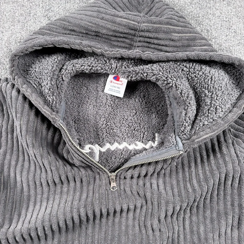 Champion Corduroy Hoodie Quarter Zip Boys Size L 14/16 Grey Sherpa‎ Lined
